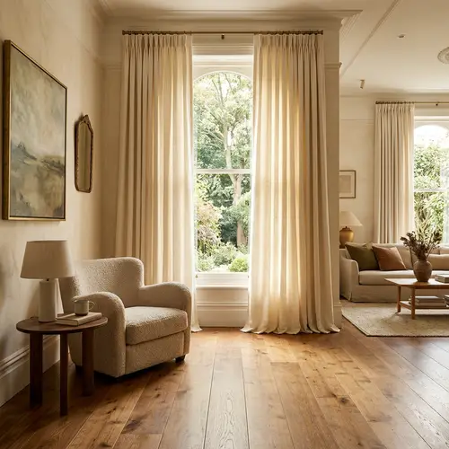 Luxurious Cream-Colored Curtains and Natural Vibe Flooring