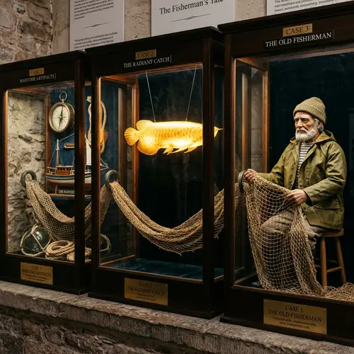 Radiant Golden Fish and Fisherman Doll Display