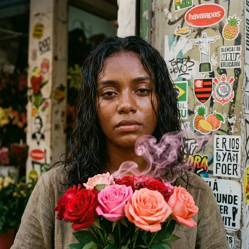 Vibrant Depiction of Brazilian Aphrodite with Rose Bouquet