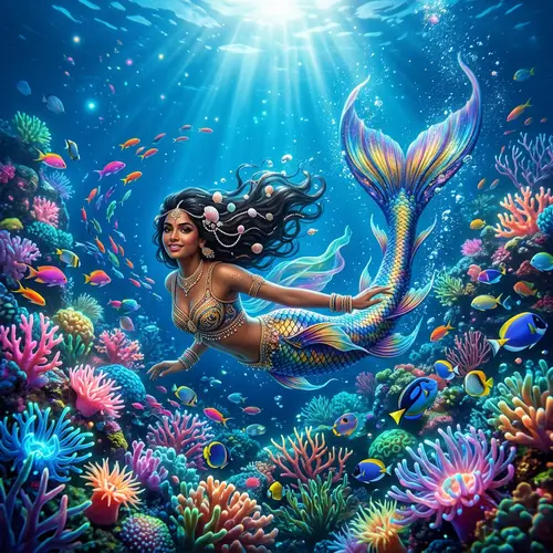 Surreal Underwater Spectacle with a South Asian Mermaid