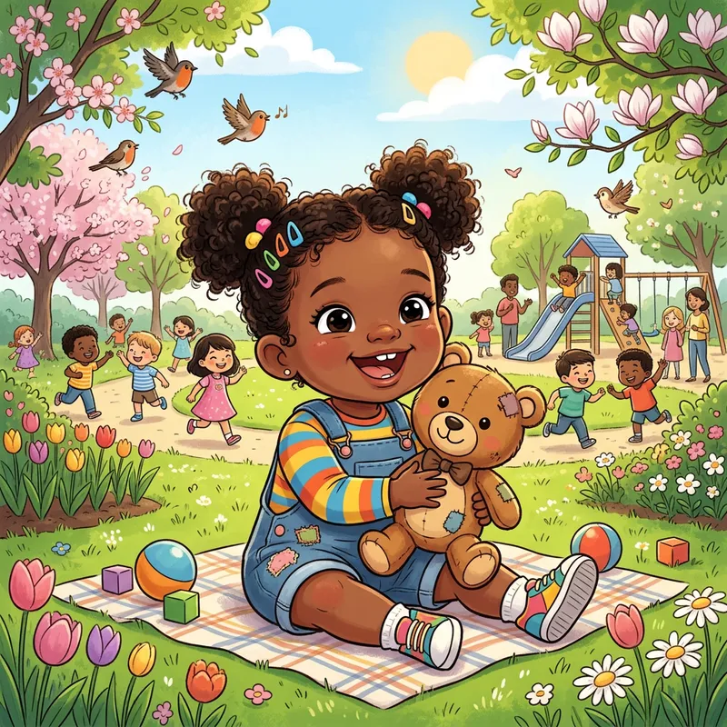 Charming Cartoon Image of Black Toddler Playing in Sunny Park