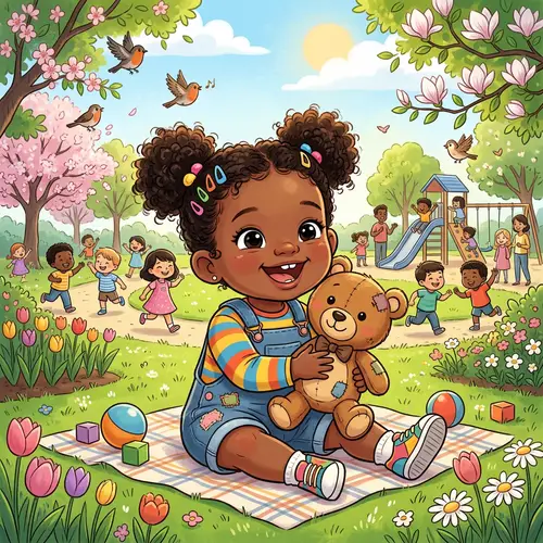 Delightful Cartoon Black Toddler Playing in Sunny Park