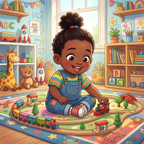 Cute Anime Black Toddler Playing with Toy Train Set