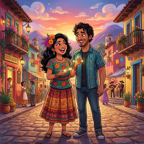 Joyful Animated Movie Illustration with Hispanic Couple