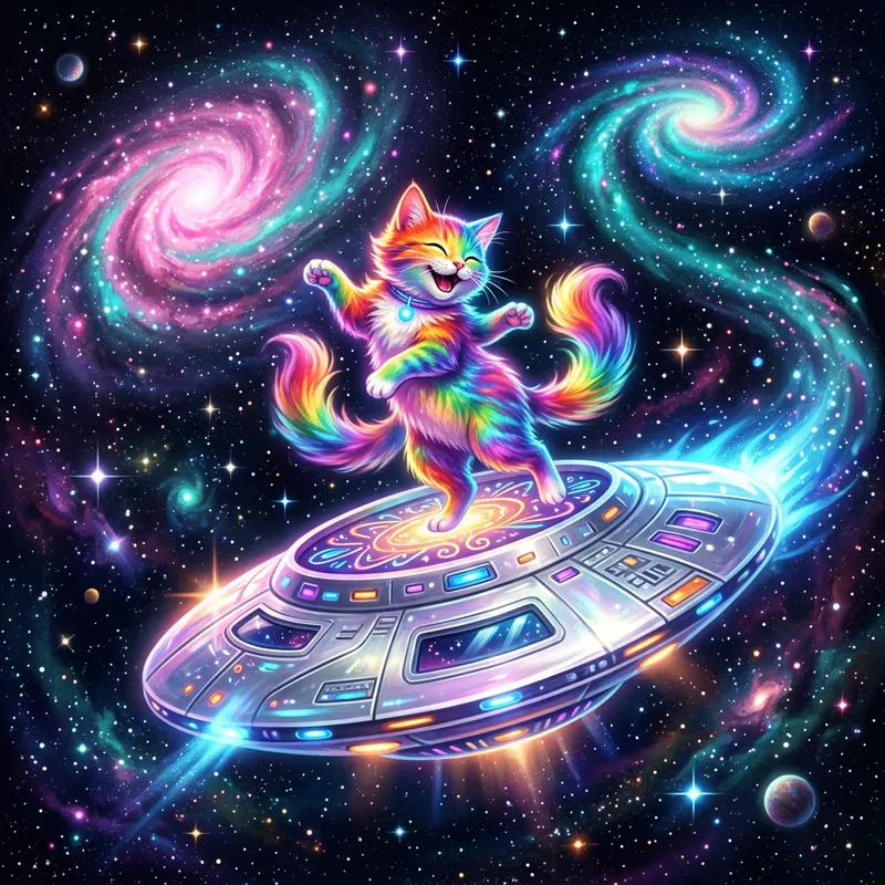 Rainbow Cat Dancing on Flying Saucer in Space