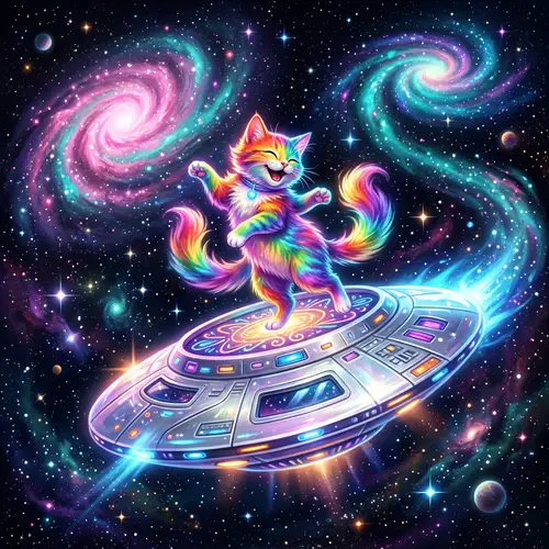 Rainbow-Colored Cat Dancing on Flying Saucer in Outer Space