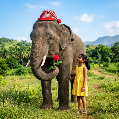 Fun Elephant with Hat and Rose Beside a Girl