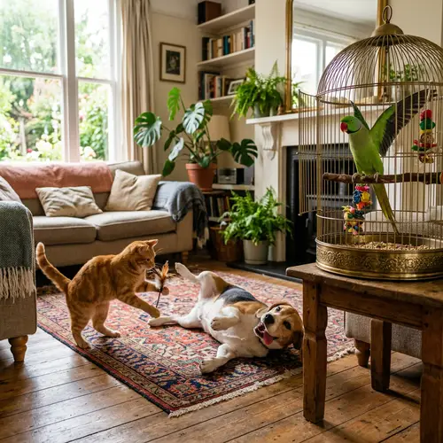 Tranquil Indoor Scene with Cat, Dog, and Parrot | Free Space