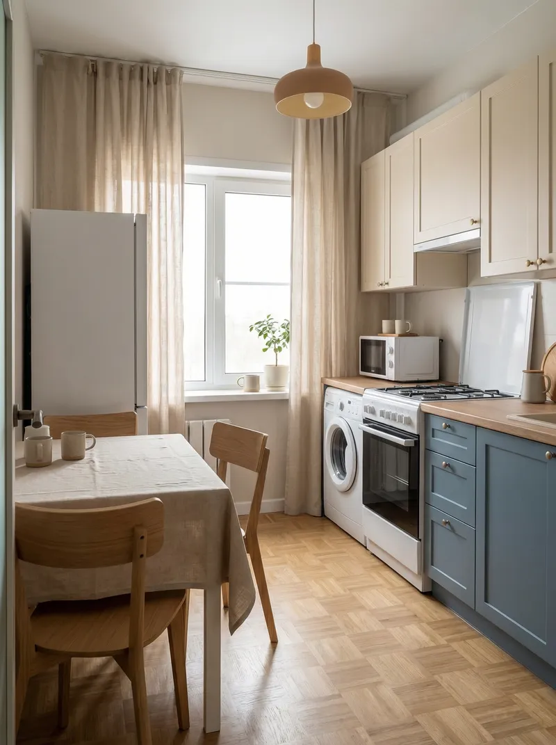 Cozy Narrow Kitchen in Warm Blue and Beige Colors