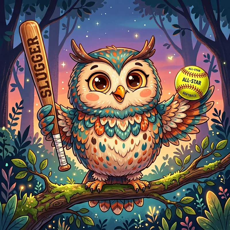 Whimsical Cartoon Owl with Softball and Bat Whimsical Cartoon Owl with Softball and Bat