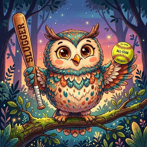 Cute Cartoon Owl with Bat and Softball in Whimsical Forest