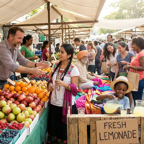 Multicultural Marketplace: Fruits, Jewelry, Textiles & Lemonade