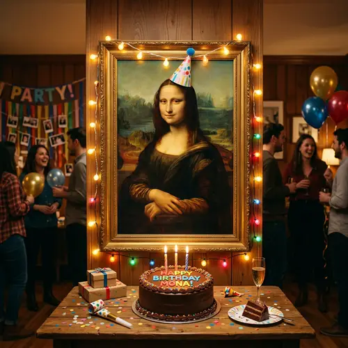 Mona Lisa Birthday Party Portrait with Festive Hat and Cake
