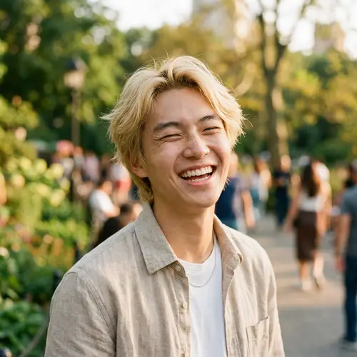 Charming Asian Man with Blonde Hair and Freckles | Smiling Portrait