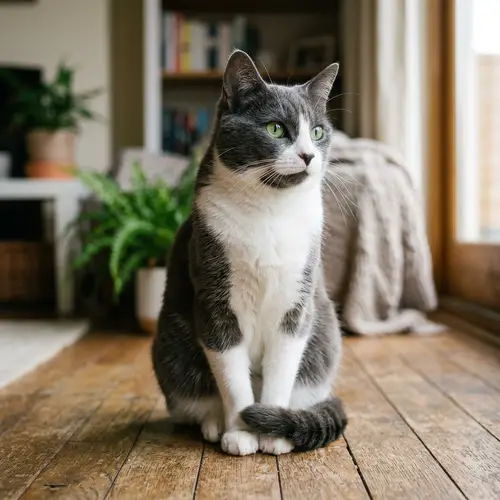 Medium-Sized Slate-Grey and White Domestic Cat | Green-Eyed Feline