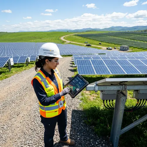 Female Engineer in Solar Farm Checking Efficiency | Solar Energy Data