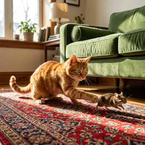 Ginger Cat Teasing Brown Mouse in Living Room