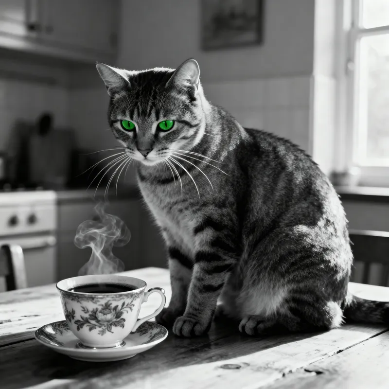 Curious Cat and Coffee Cup in Cozy Kitchen
