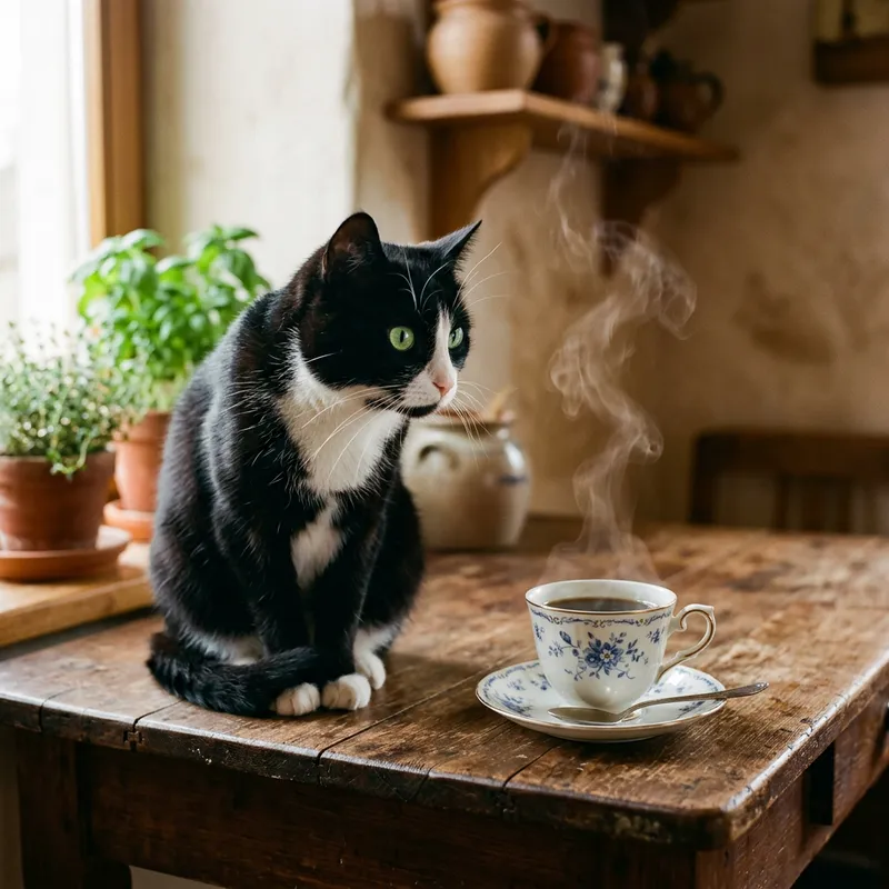 Curious Cat and Coffee Cup in Cozy Kitchen