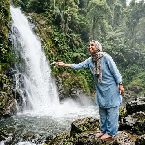 Young Middle-Eastern Woman Enjoying Waterfall Adventure