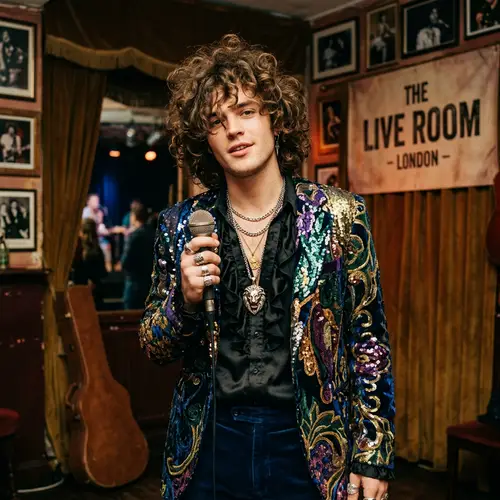 Young English Male Singer with Curly Brown Hair | Flamboyant Fashion