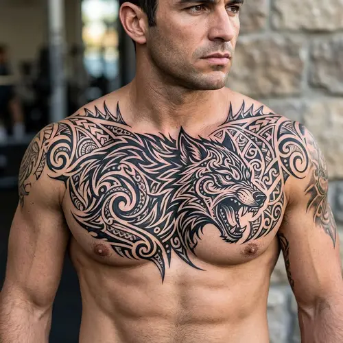 Tribal Wolf Tattoo Design for Men's Chest - Monochromatic Art