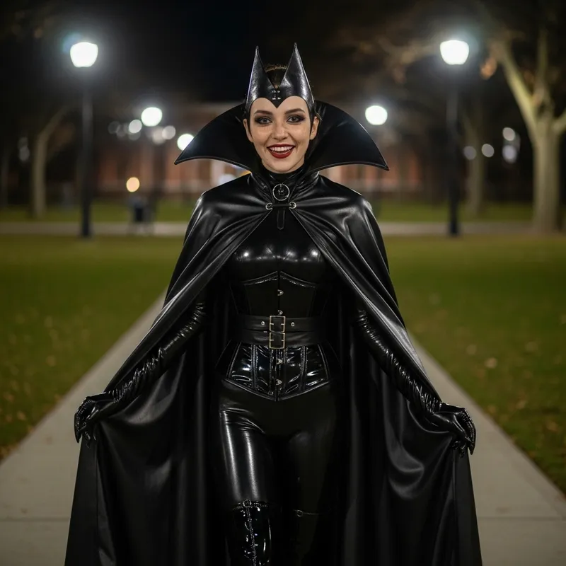 Cute University Student in Dracula Cape at Night