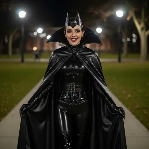 Cute University Student in Dracula Cape at Night