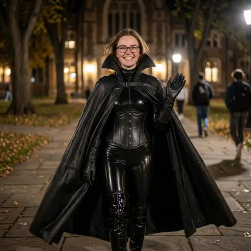 Cute University Student in Dracula Cape at Night