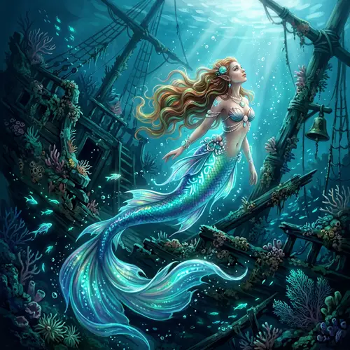 Mermaid Emerging from Sunken Shipwreck in Fantasy Illustration