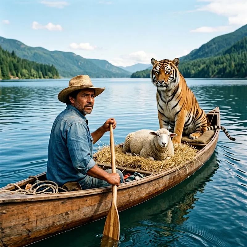 Man in Canoe with Sheep and Tiger: A Unique Scene