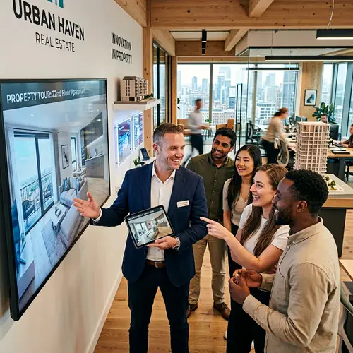 Modern Real Estate Agent with Prospective Buyers in Office