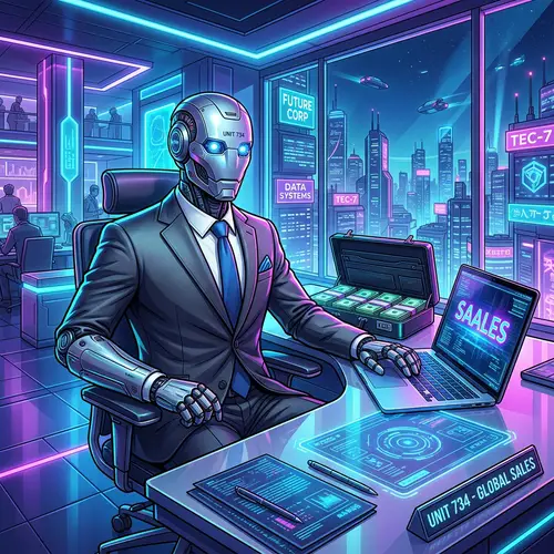 Futuristic Business Robot in Neon-Lit Office | SAALES