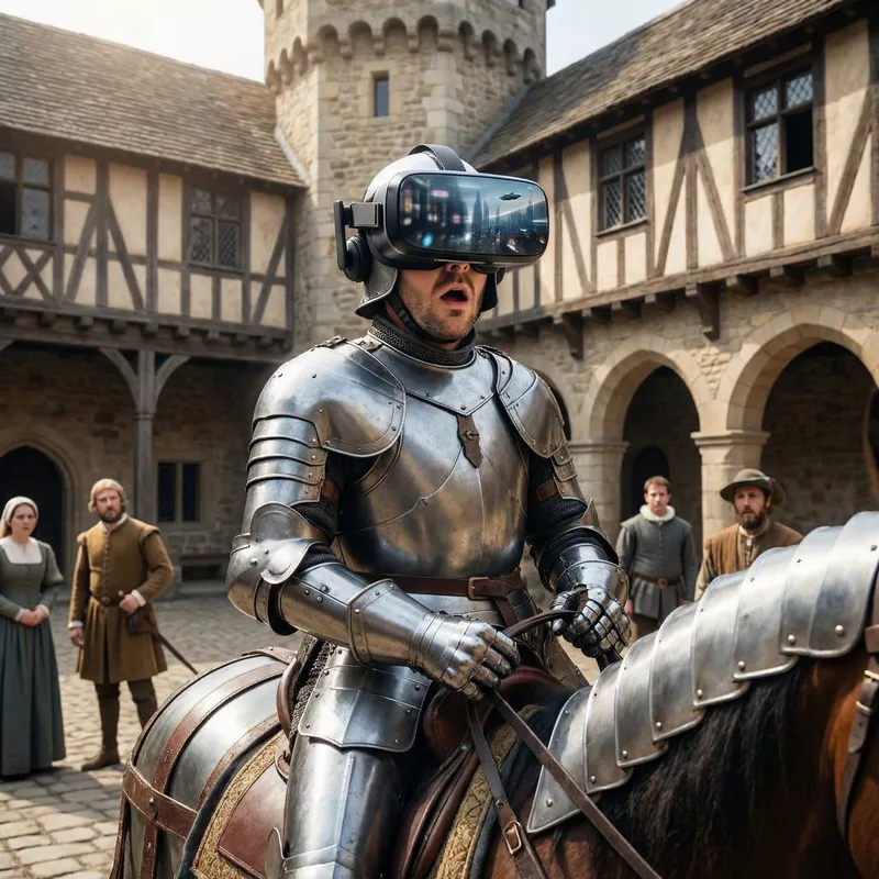 Medieval Knight in VR Headset Sees Future at 16th Century Castle Medieval Knight in VR Headset Sees Future at 16th Century Castle