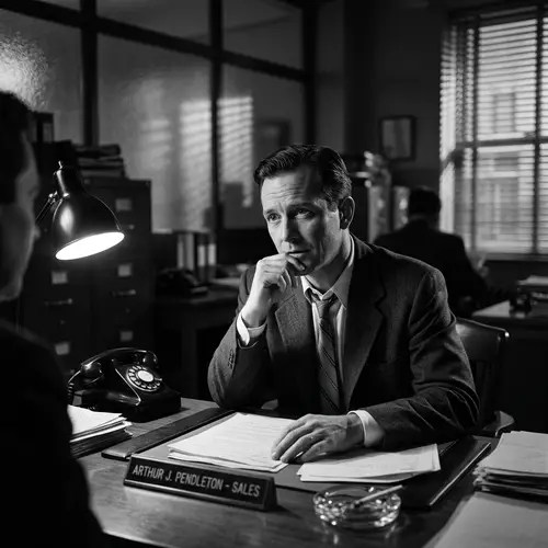 Vintage Noir Office Scene | Attentive Caucasian Salesman at Desk