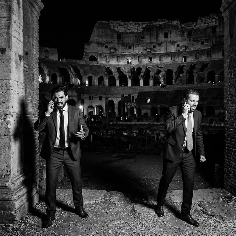 Rival Salesmen Clash in Colosseum - Dramatic Sales Noir Showdown Rival Salesmen Clash in Colosseum - Dramatic Sales Noir Showdown