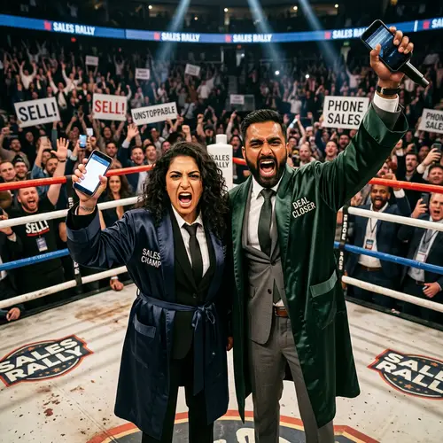 Dynamic Phone Salesmanship: Female & Male Salesperson in Boxing Ring