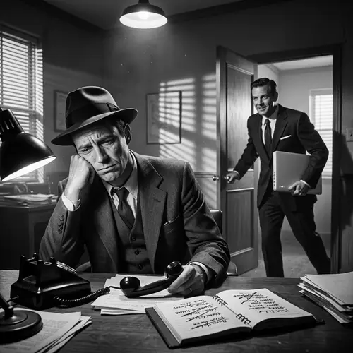 Professional Salesmen Embrace AI Technology in Vintage Noir Setting