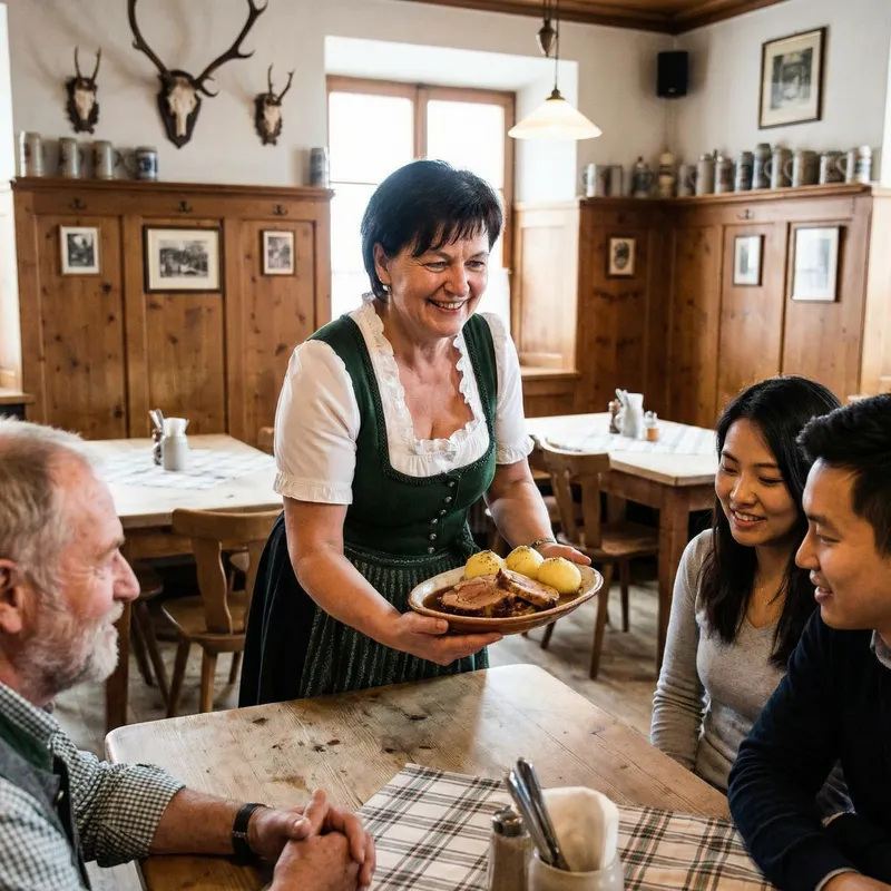German Woman in Dirndl Serving Pork Roast in Bavarian Inn