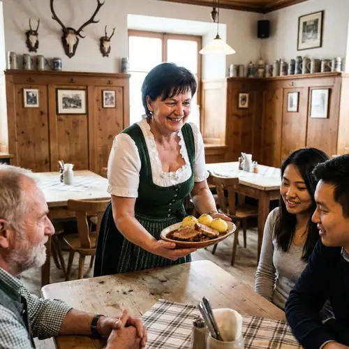 German Woman Serving Pork Roast in Bavarian Inn