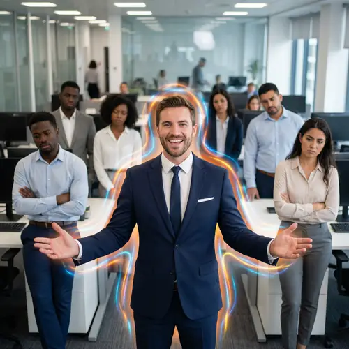 Confident Salesman in Energetic Office Scene | European Corporate Dynamics