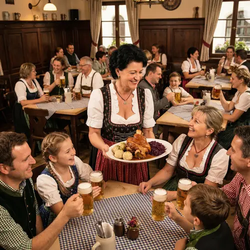 German Woman Serving Traditional Roast Pork in Bavarian Restaurant