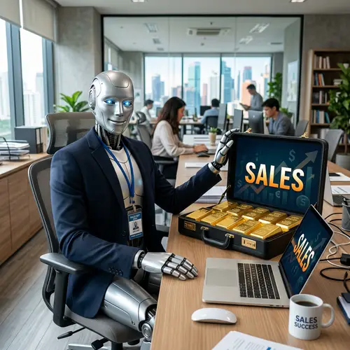AI Robot with Gold Briefcase in Office | Sales Promotion
