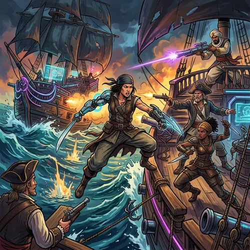 Futuristic Female Pirate Cyberpunk Battle Scene