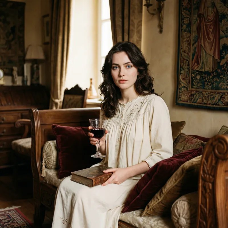 Captivating Ukrainian Woman on Vintage Bed with Red Wine Glass Captivating Ukrainian Woman on Vintage Bed with Red Wine Glass
