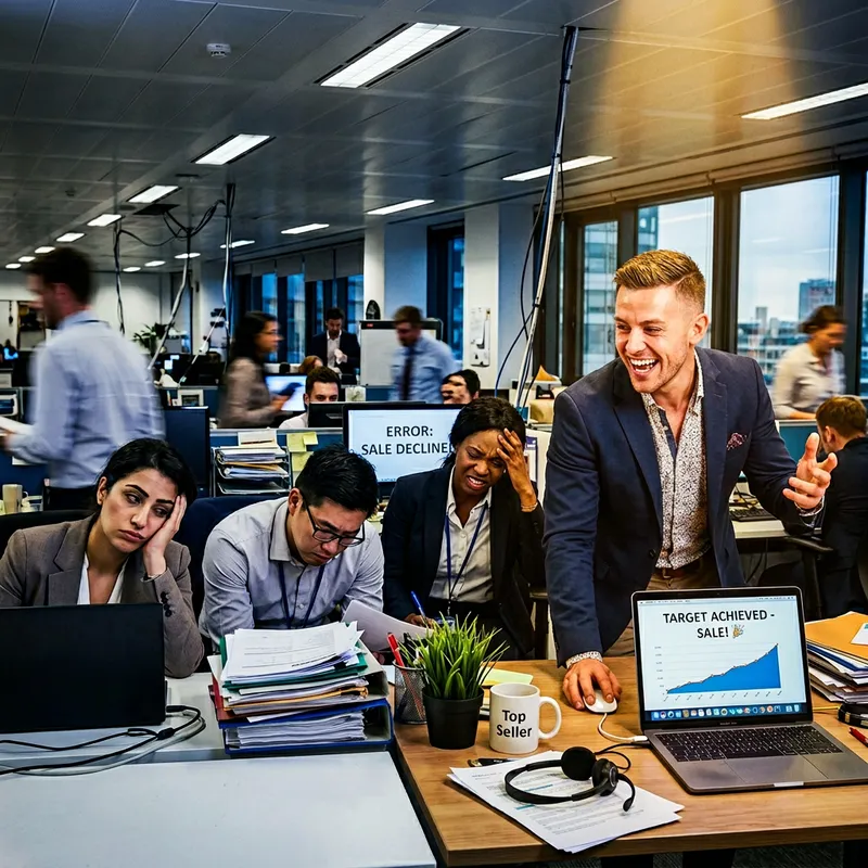 Charismatic Salesman Energizing Office Team with European Professional Vibe