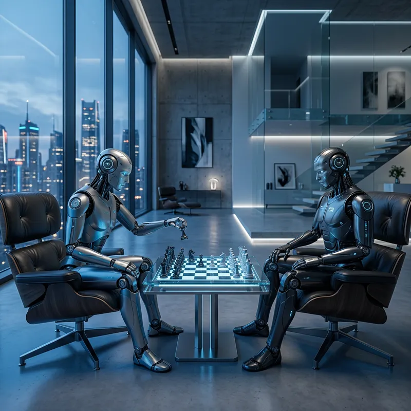 Futuristic AI Robots Playing Chess in Stylish Loft Setting | Minimalist Sci-Fi Vibe