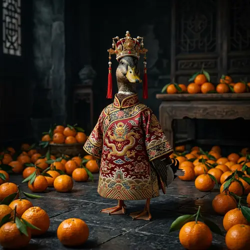 Chinese Emperor Duck Costume with Tangerines Background