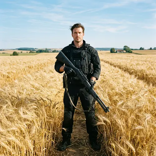 Male Gunslinger in Black Suit Amidst Wheat Field