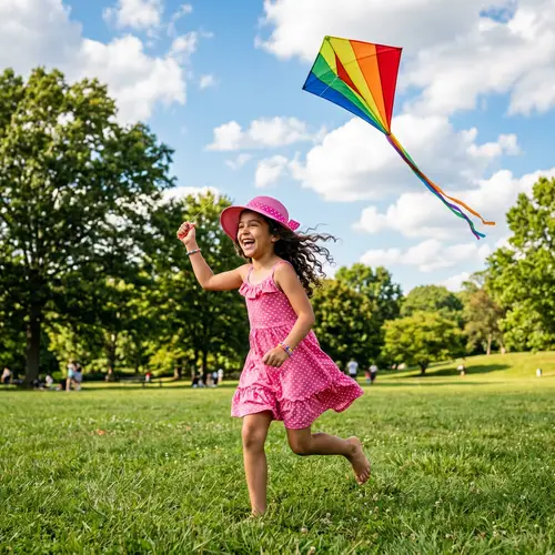 Young Hispanic Girl Playing in the Park with Rainbow Kite